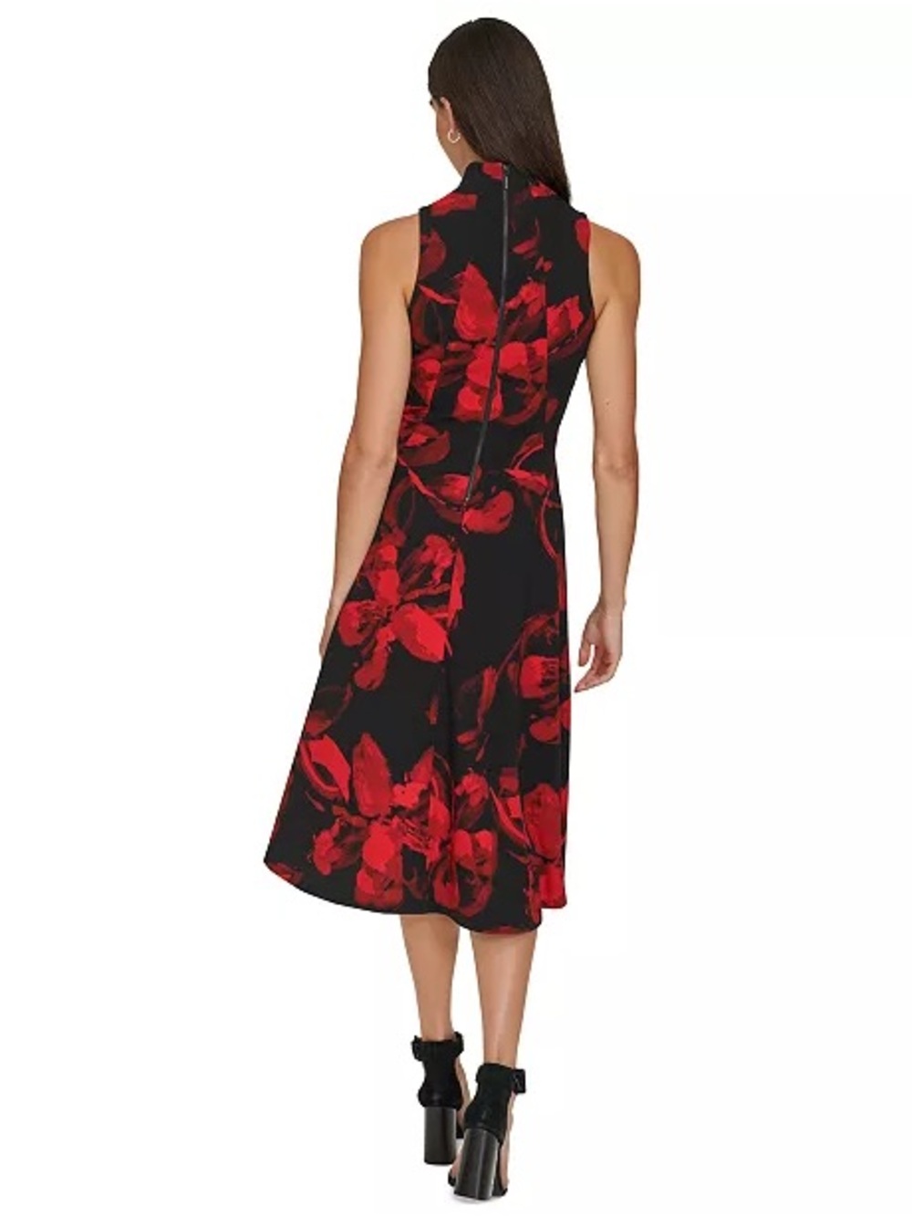 Calvin Klein Sleeveless Black Dress with Red Floral Print NWT - Picture 4 of 8